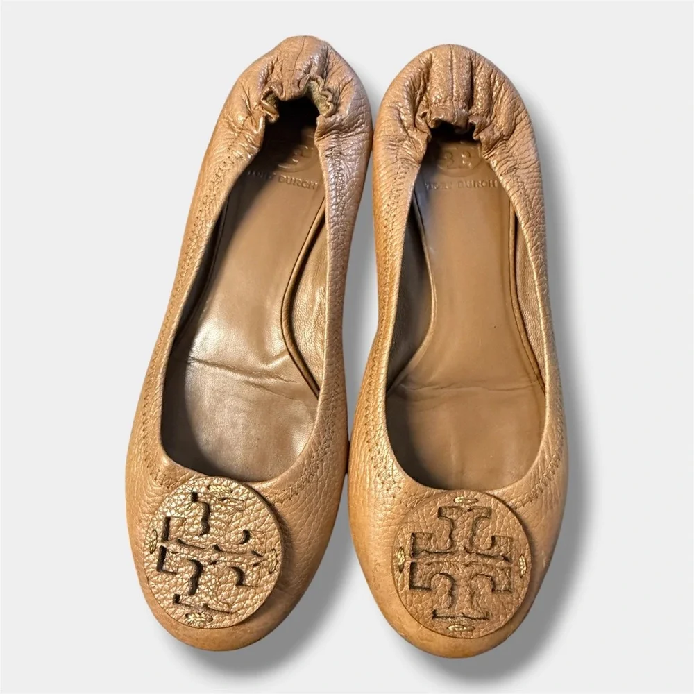 Tory Burch Minnie Ballet Flats Women 9.5M Tan Good Leather‎ Logo Travel Flat